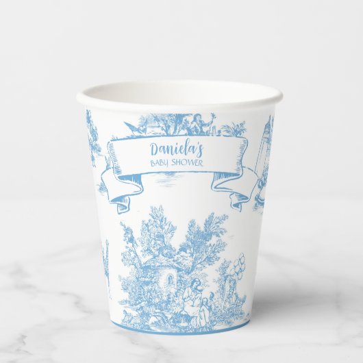Gobelets En Papier Toile bleue et blanche de Jouy Baby shower (Recto)