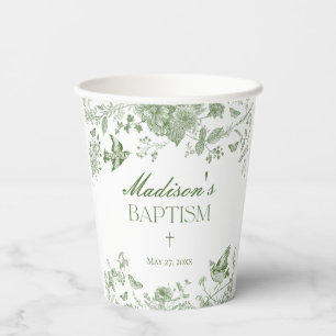 Gobelets En Papier Toile Verte De Jouy Baptême Floral Vintage