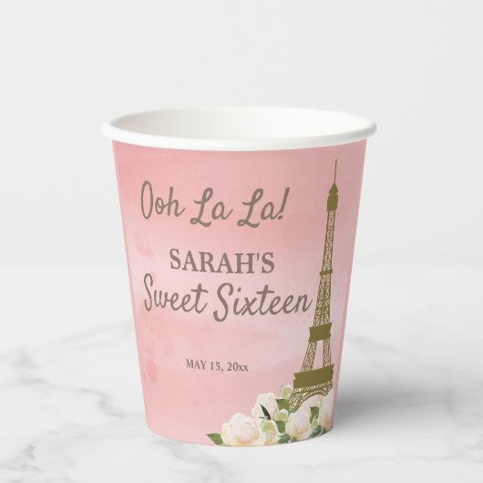 Gobelets En Papier Tour Eiffel Pink Gold Sweet 16 (Recto)