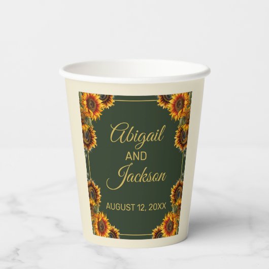 Gobelets En Papier Tournesol Mariage Forêt verte et or (Verso)