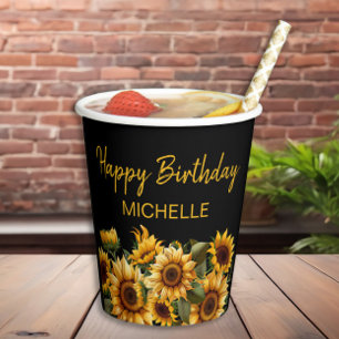 Gobelets En Papier Tournesols Élégant Noir Joyeux Anniversaire Nom