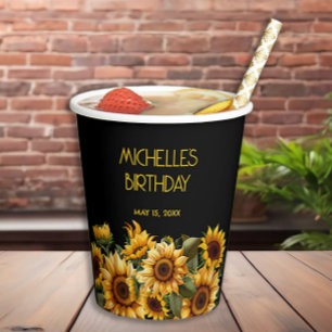 Gobelets En Papier Tournesols Élégant Rustique Noir Nom Anniversaire