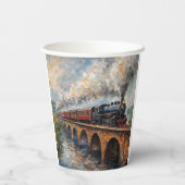 Gobelets En Papier Train à vapeur sur un pont - Peinture à l'huile (Verso)