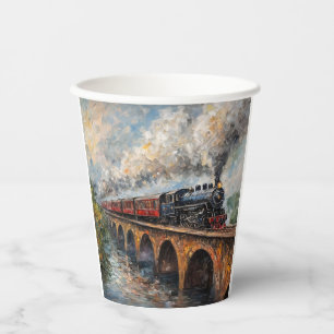 Gobelets En Papier Train à vapeur sur un pont - Peinture à l'huile
