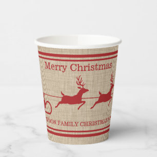 Gobelets En Papier Traîneau de Noël rouge et beige du Père Noël & Tex