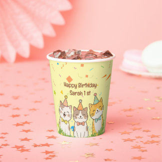 Gobelets En Papier Trio Adorable de Chats d'Anniversaire | Nom et Âge