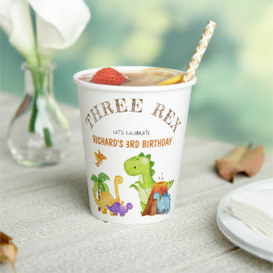 Gobelets En Papier Trois enfants Rex Dinosaur 3e fête d'anniversaire