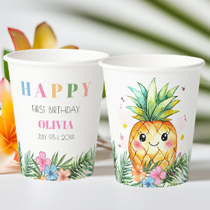 Gobelets En Papier Tropical Été Ananas Enfants Joyeux 1er Anniversair