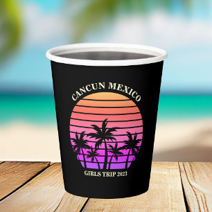 Gobelets En Papier Tropical Island Beach Palm Tree Pink Black Party