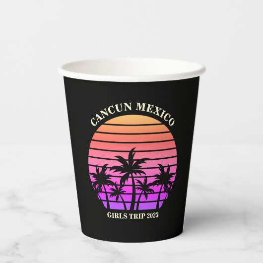 Gobelets En Papier Tropical Island Beach Palm Tree Pink Black Party (Verso)
