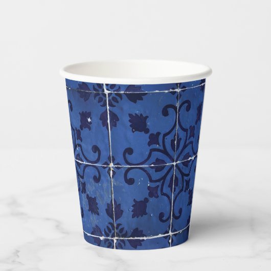 Gobelets En Papier Tuiles portugaises - Azulejo Blue Floral Leaf Desi (Verso)