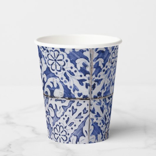 Gobelets En Papier Tuiles portugaises - Azulejo Floral bleu et blanc (Verso)