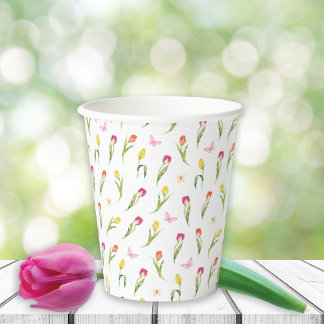 Gobelets En Papier Tulipes et papillons Motif blanc