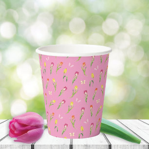Gobelets En Papier Tulipes et papillons Motif rose