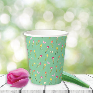 Gobelets En Papier Tulipes et papillons Motif vert