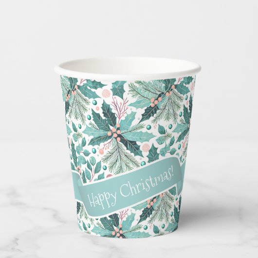 Gobelets En Papier Turquoise Noël Holly Berries Motif#17 ID1009 (Recto)