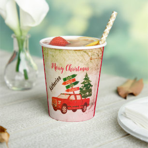 Gobelets En Papier Typographie de Camion Rouge Joli Joyeux Noël Vinta