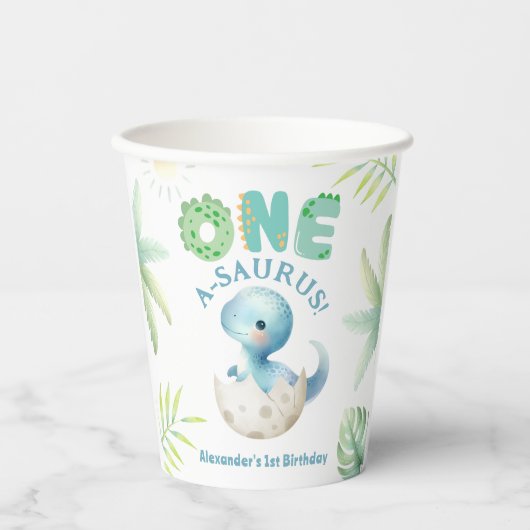 Gobelets En Papier Un A-Saurus Boy Dinosaur 1er anniversaire (Recto)