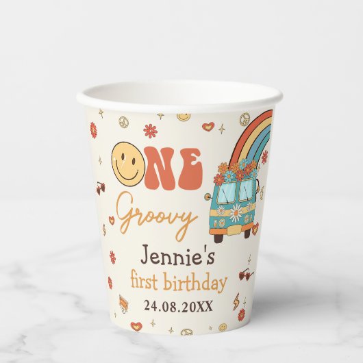 Gobelets En Papier Un Arc-en-ciel rétro Super 1er anniversaire (Recto)