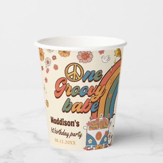 Gobelets En Papier Un Babe Retro Super Arc-en-ciel 1er anniversaire (Recto)