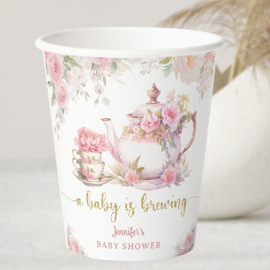 Gobelets En Papier Un bébé prépare du thé Baby Shower Fleurs roses