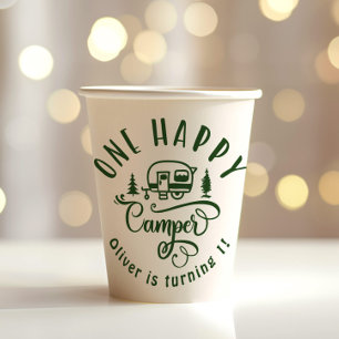 Gobelets En Papier Un Happy Camper vert minimaliste 1er anniversaire