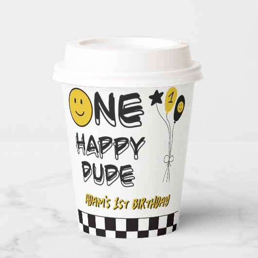 Gobelets En Papier Un joyeux Mec Jaune sourire premier garçon 1er ann (Recto)