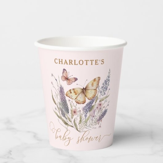 Gobelets En Papier Un Petit Papillon Est En Chemin De Baby shower (Recto)