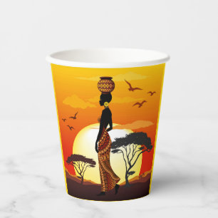 Gobelets En Papier Une belle femme africaine Silhouette sur les solei