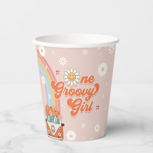 Gobelets En Papier Une fille Super Retro Arc-en-ciel 1er anniversaire (Recto)