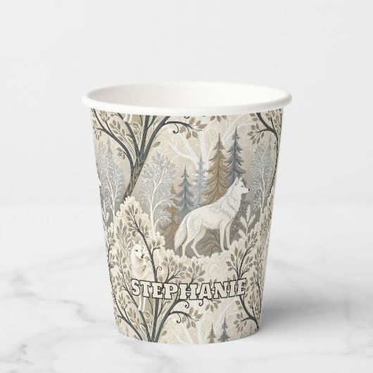 Gobelets En Papier Une forêt d'hiver paisible avec des loups blancs (Verso)