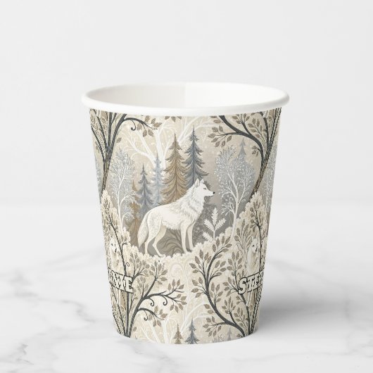 Gobelets En Papier Une forêt d'hiver paisible avec des loups blancs (Gauche)