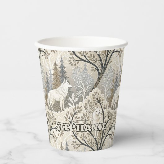 Gobelets En Papier Une forêt d'hiver paisible avec des loups blancs (Recto)