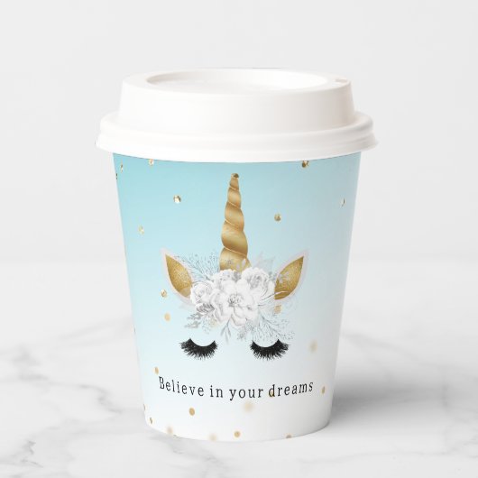 Gobelets En Papier Unicorne Florale Blanc Or (Recto)
