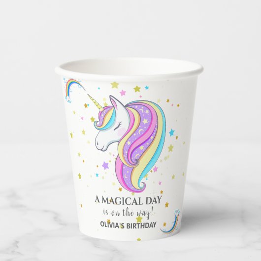 Gobelets En Papier Unicorne modifiable fête d'anniversaire (Recto)