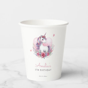 Gobelets En Papier Unicorne rose magique Floral fête d'anniversaire