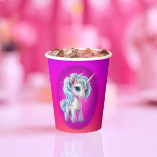 Gobelets En Papier Unicorne sur nuage avec ciel rose vif