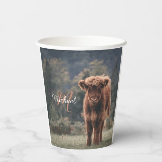 Gobelets En Papier Vache de Highland calvaire herbe d'automne monogra (Verso)