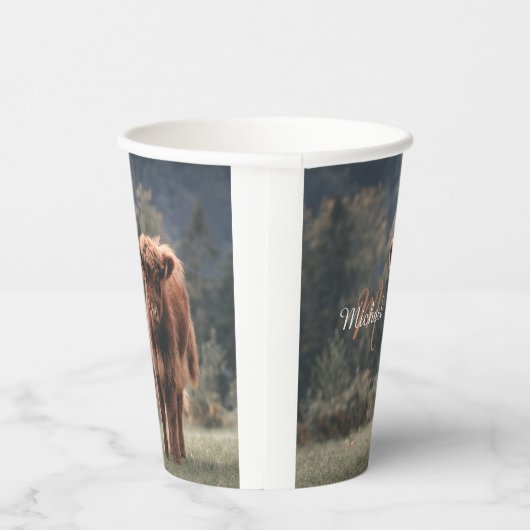 Gobelets En Papier Vache de Highland calvaire herbe d'automne monogra (Droite)