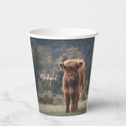 Gobelets En Papier Vache de Highland calvaire herbe d'automne monogra (Recto)