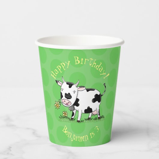 Gobelets En Papier Vache mignonne en vert dessin animé sur le terrain (Verso)