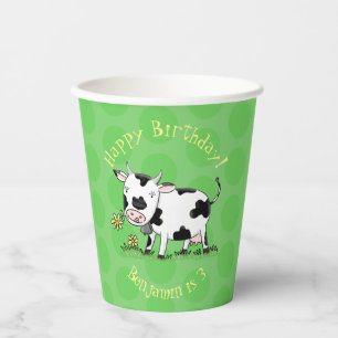 Gobelets En Papier Vache mignonne en vert dessin animé sur le terrain