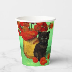 Gobelets En Papier Van Gogh Black Kitten Fleurs rouges