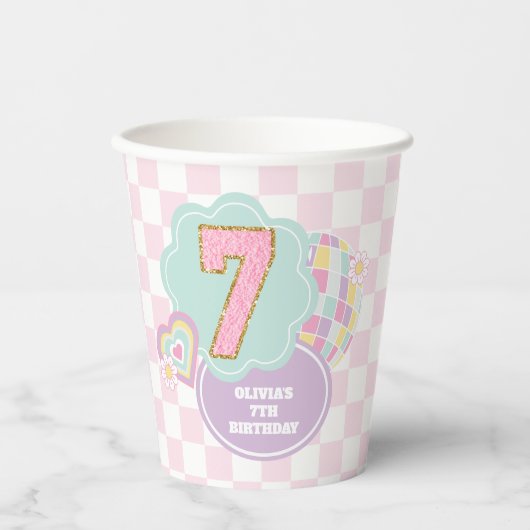 Gobelets En Papier Varsity élégant pastel patch 7e anniversaire (Recto)