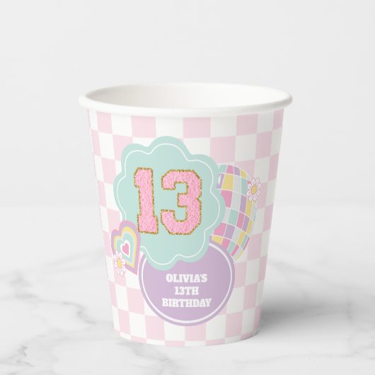 Gobelets En Papier Varsity preppy pastel patch 13e Anniversaire (Recto)