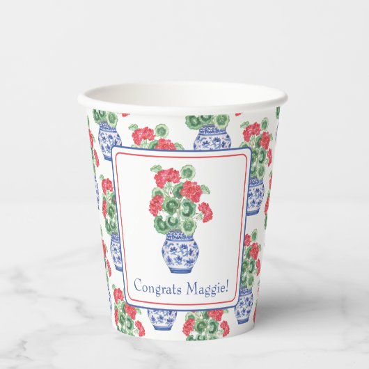 Gobelets En Papier Vase Chinoiserie des Geraniums rouges Personnalisé (Recto)