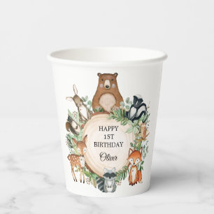 Gobelets En Papier Végétation Forêt Boisée Animaux Joyeux Anniver