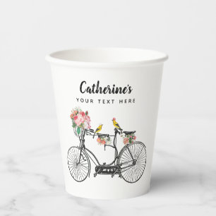 Gobelets En Papier Vélo Vintage Romantique Fleurs Oiseaux