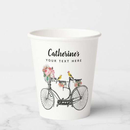 Gobelets En Papier Vélo Vintage Romantique Fleurs Oiseaux (Recto)