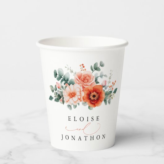 Gobelets En Papier Verona Sunset Bright Orange Moderne Mariage Floral (Verso)